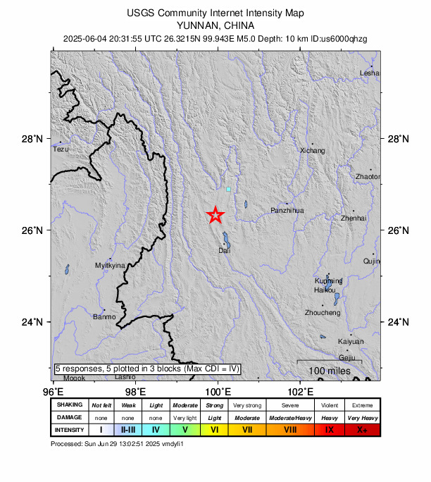 USGS DYFI community-reported intensity map for the M5.0 earthquake near 21 km SSE of Jinhua, China