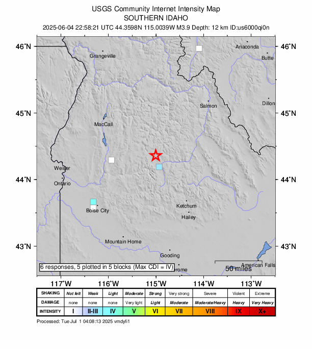 USGS DYFI community-reported intensity map for the M3.9 earthquake near 16 km NNW of Stanley, Idaho