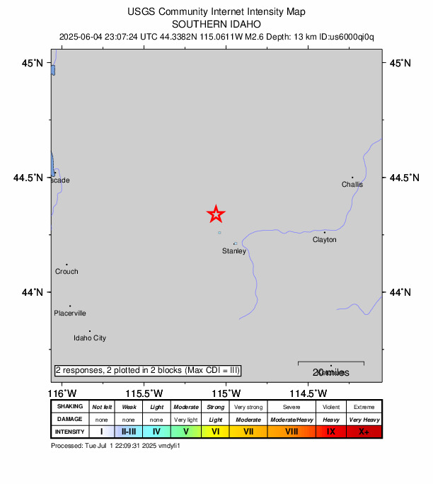 USGS DYFI community-reported intensity map for the M2.5 earthquake near 15 km NNW of Stanley, Idaho