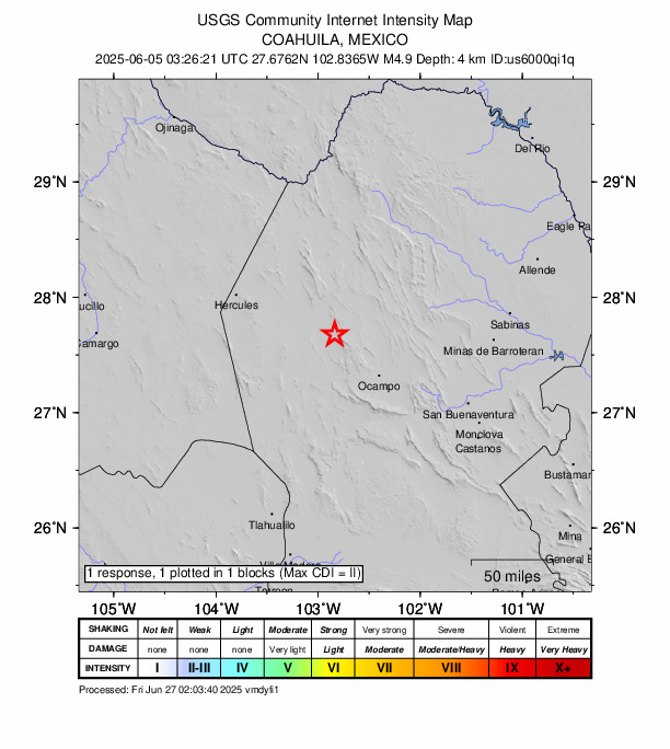 USGS DYFI community-reported intensity map for the M4.9 earthquake near 56 km NW of Ocampo, Mexico