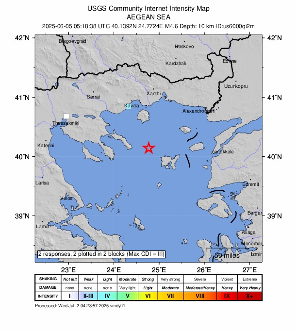 USGS DYFI community-reported intensity map for the M4.6 earthquake near 38 km NW of Mýrina, Greece