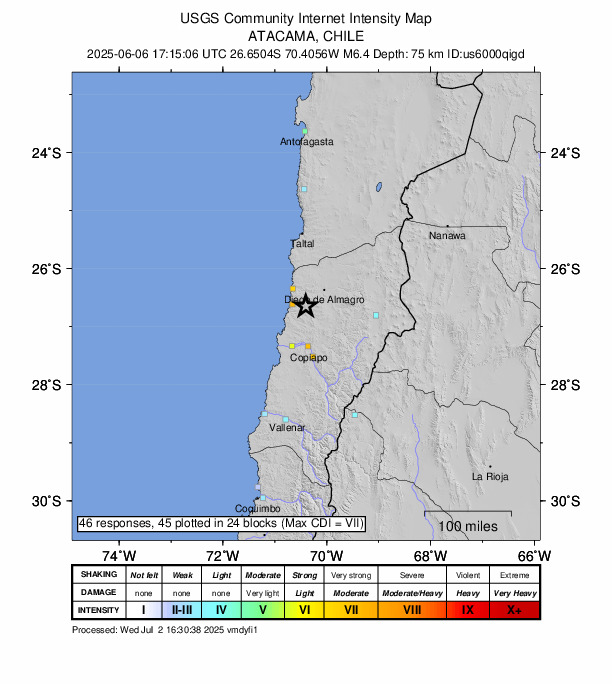 USGS DYFI community-reported intensity map for the M6.4 earthquake near 45 km SW of Diego de Almagro, Chile
