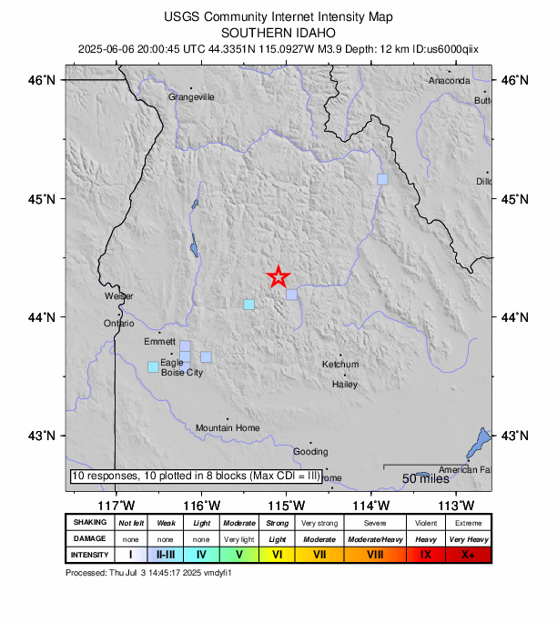 USGS DYFI community-reported intensity map for the M3.9 earthquake near 17 km NW of Stanley, Idaho