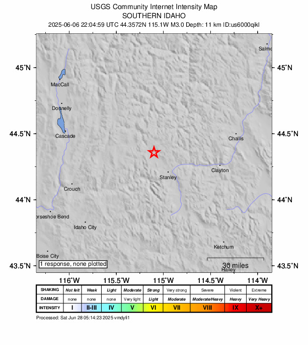 USGS DYFI community-reported intensity map for the M3.0 earthquake near 20 km NW of Stanley, Idaho