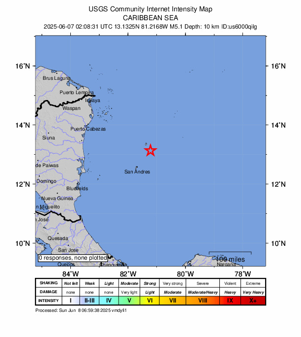USGS DYFI community-reported intensity map for the M5.1 earthquake near 33 km SE of Mountain, Colombia