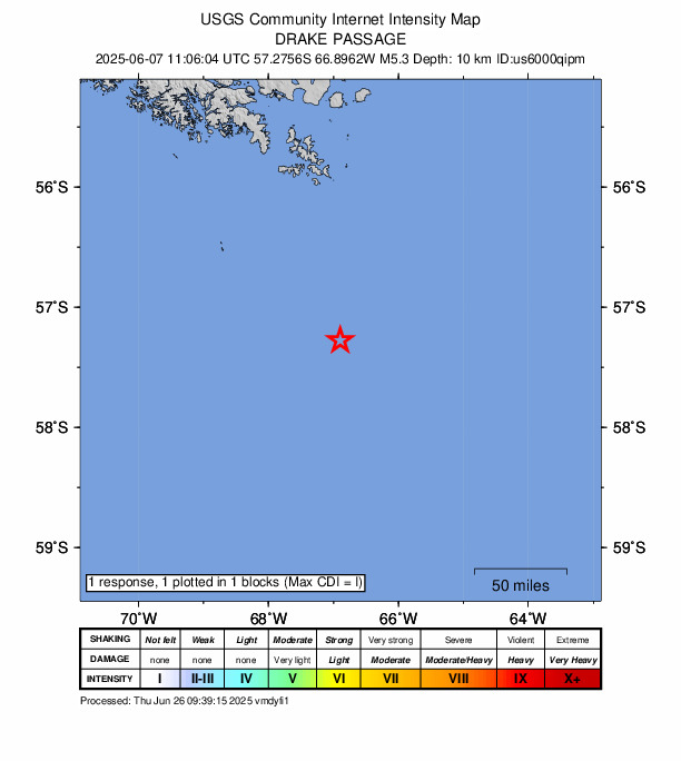 USGS DYFI community-reported intensity map for the M5.3 earthquake near 288 km SSE of Ushuaia, Argentina
