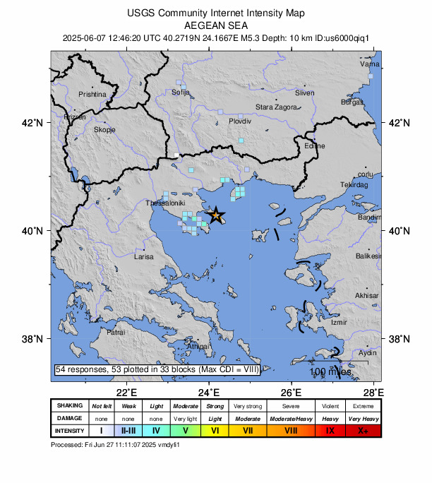 USGS DYFI community-reported intensity map for the M5.4 earthquake near 6 km WNW of Karyes, Greece