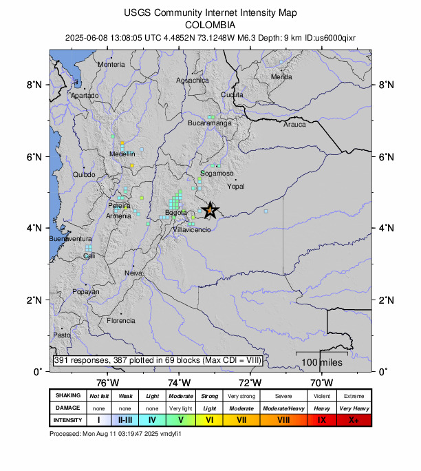 USGS DYFI community-reported intensity map for the M6.3 earthquake near 15 km NE of Paratebueno, Colombia