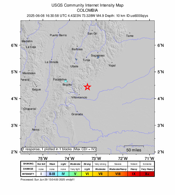 USGS DYFI community-reported intensity map for the M4.9 earthquake near 8 km SSE of Medina, Colombia