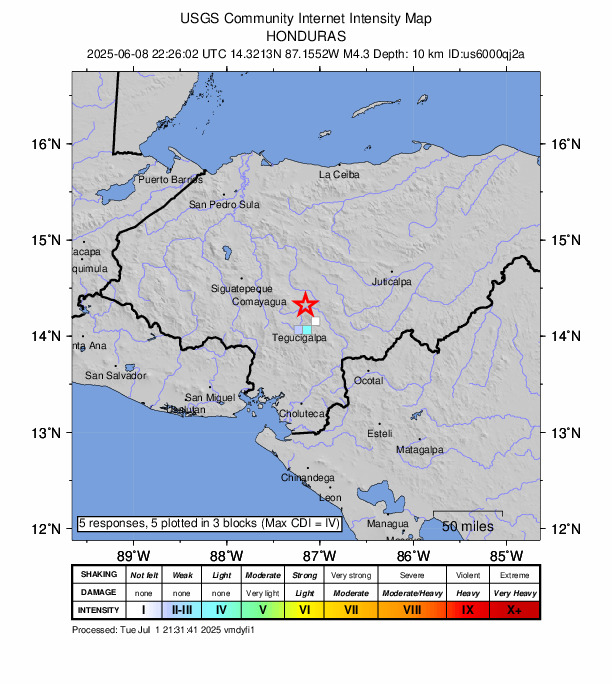 USGS DYFI community-reported intensity map for the M4.3 earthquake near 11 km SW of Talanga, Honduras