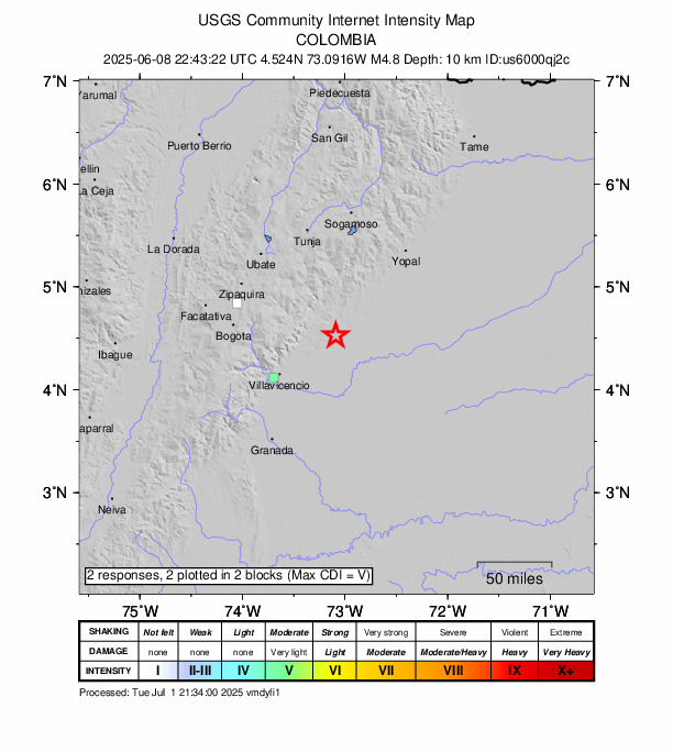 USGS DYFI community-reported intensity map for the M4.8 earthquake near 15 km WSW of Barranca de Upía, Colombia
