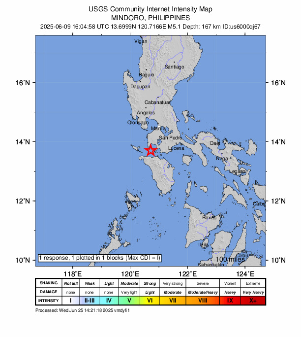 USGS DYFI community-reported intensity map for the M5.1 earthquake near 16 km S of Hukay, Philippines