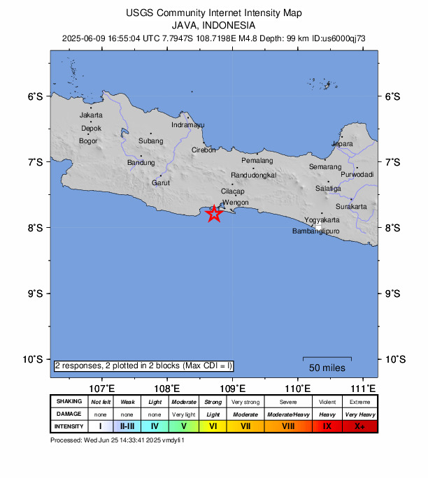 USGS DYFI community-reported intensity map for the M4.8 earthquake near 32 km WSW of Cilacap, Indonesia
