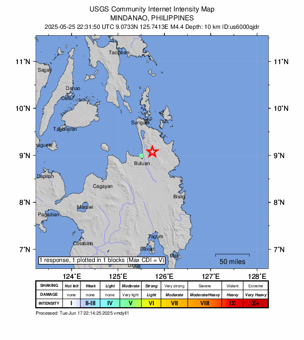 USGS DYFI community-reported intensity map for the M4.4 earthquake near 13 km NE of Anticala, Philippines