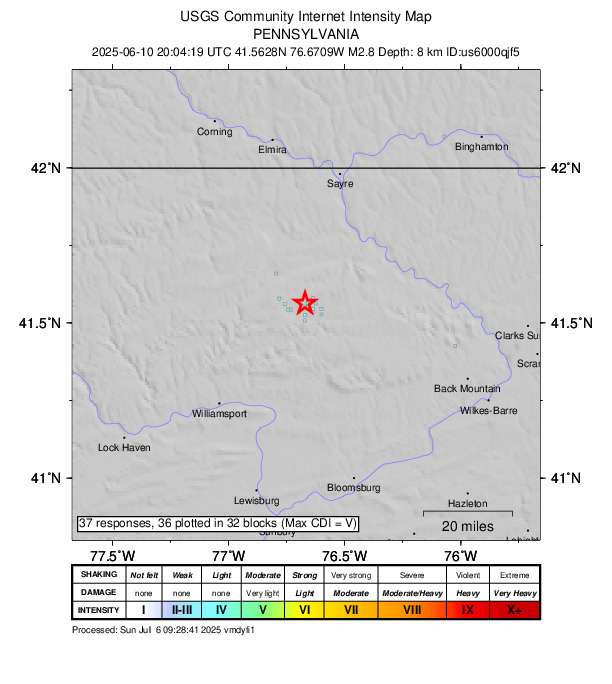 USGS DYFI community-reported intensity map for the M2.8 earthquake near 10 km NW of Forksville, Pennsylvania