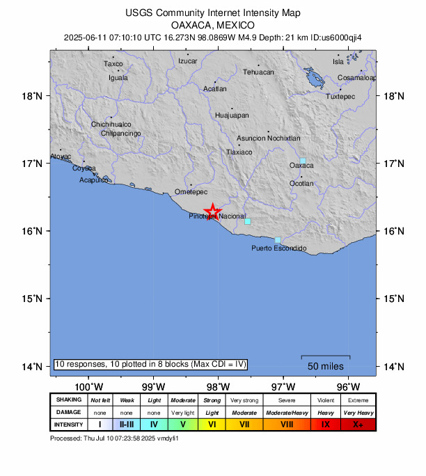 USGS DYFI community-reported intensity map for the M4.8 earthquake near 7 km WNW of El Carrizo, Mexico