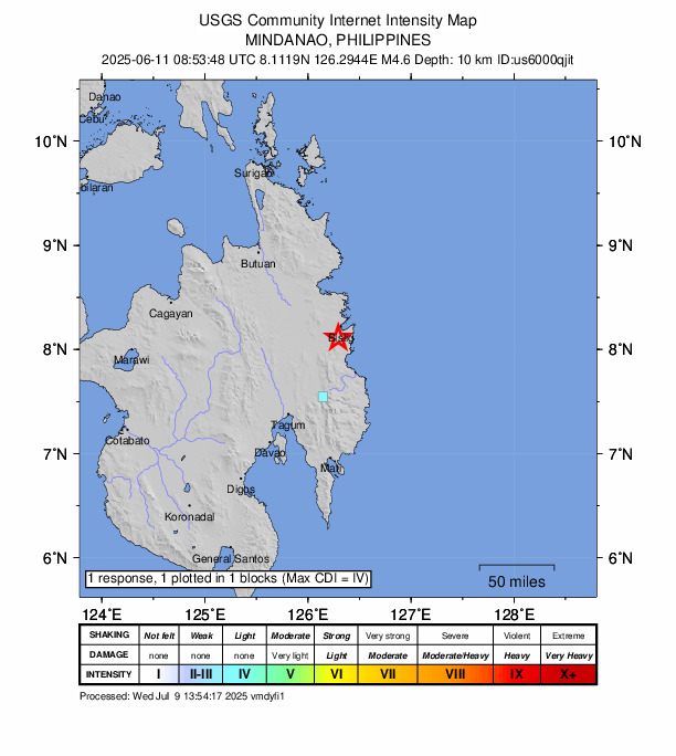 USGS DYFI community-reported intensity map for the M4.6 earthquake near 11 km SSW of Bislig, Philippines