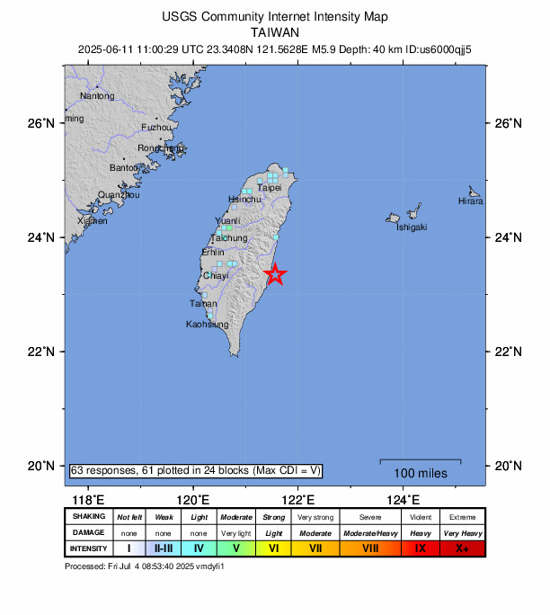 USGS DYFI community-reported intensity map for the M5.9 earthquake near 67 km S of Hualien City, Taiwan