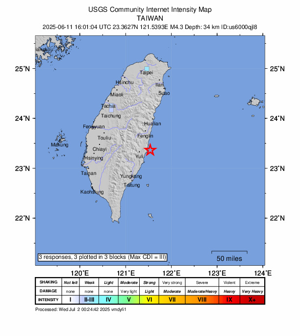 USGS DYFI community-reported intensity map for the M4.3 earthquake near 68 km S of Hualien City, Taiwan