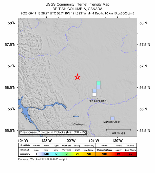 USGS DYFI community-reported intensity map for the M4.4 earthquake near 75 km NW of Fort St. John, Canada