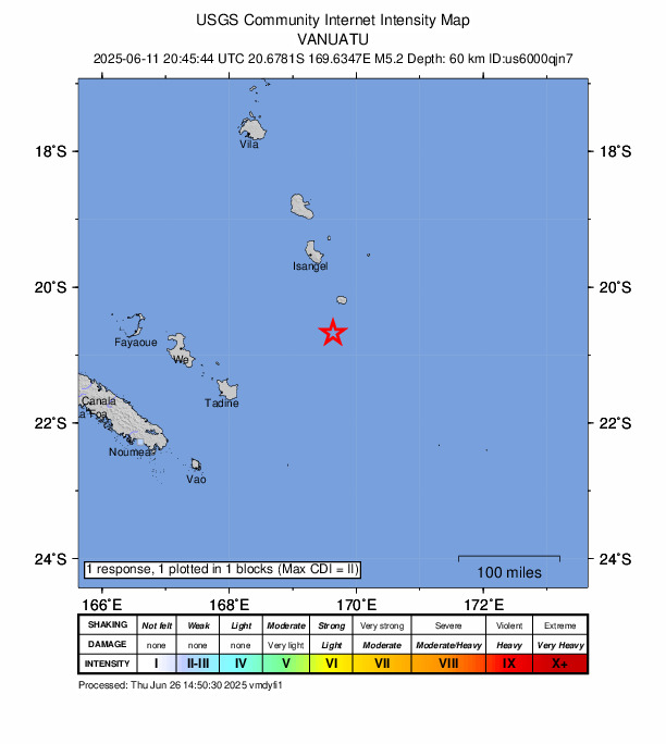 USGS DYFI community-reported intensity map for the M5.2 earthquake near 131 km SSE of Isangel, Vanuatu