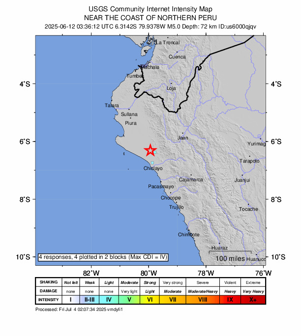 USGS DYFI community-reported intensity map for the M5.0 earthquake near 13 km WNW of Jayanca, Peru