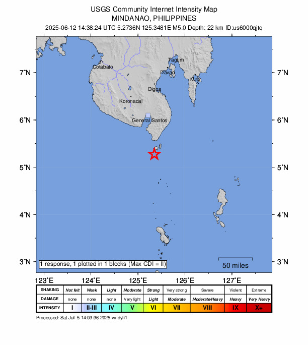 USGS DYFI community-reported intensity map for the M5.0 earthquake near 21 km SSW of Sarangani, Philippines