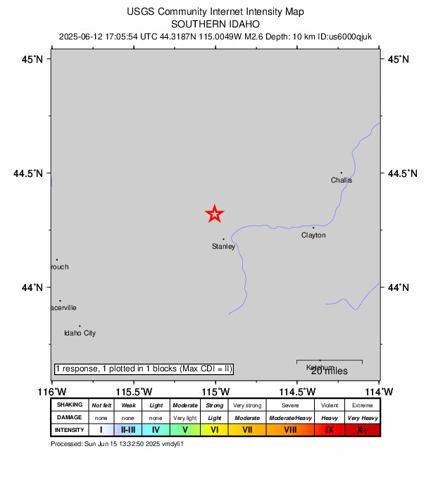 USGS DYFI community-reported intensity map for the M2.6 earthquake near 12 km NNW of Stanley, Idaho