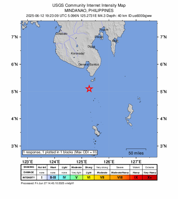 USGS DYFI community-reported intensity map for the M4.3 earthquake near 40 km SSW of Sarangani, Philippines
