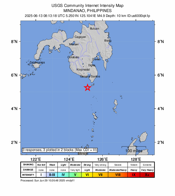 USGS DYFI community-reported intensity map for the M4.9 earthquake near 43 km WSW of Sarangani, Philippines