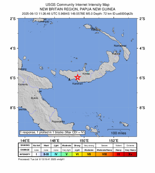USGS DYFI community-reported intensity map for the M5.0 earthquake near 26 km N of Kandrian, Papua New Guinea