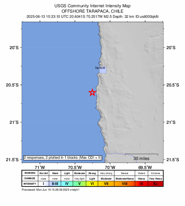 USGS DYFI community-reported intensity map for the M2.5 earthquake near 37 km SSW of La Tirana, Chile