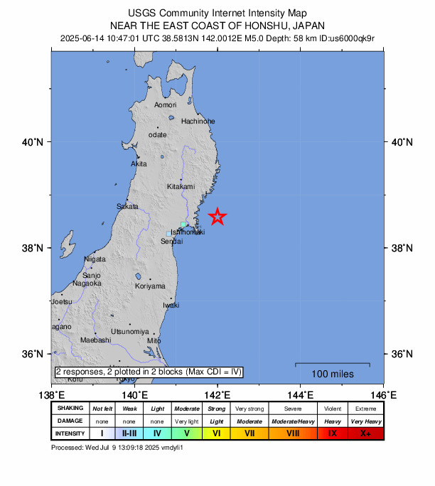 USGS DYFI community-reported intensity map for the M5.0 earthquake near 50 km ENE of Onagawa Chō, Japan