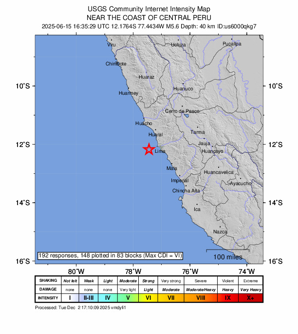 USGS DYFI community-reported intensity map for the M5.6 earthquake near 37 km WSW of Callao, Peru