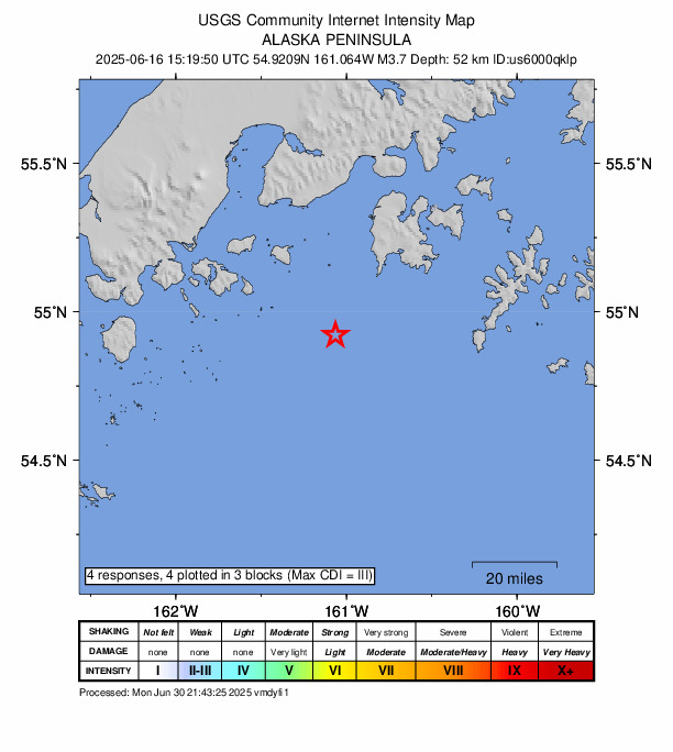 USGS DYFI community-reported intensity map for the M3.7 earthquake near 58 km SW of Sand Point, Alaska