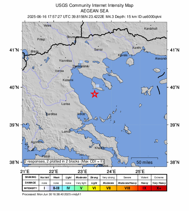 USGS DYFI community-reported intensity map for the M4.3 earthquake near 24 km SSW of Pefkochóri, Greece