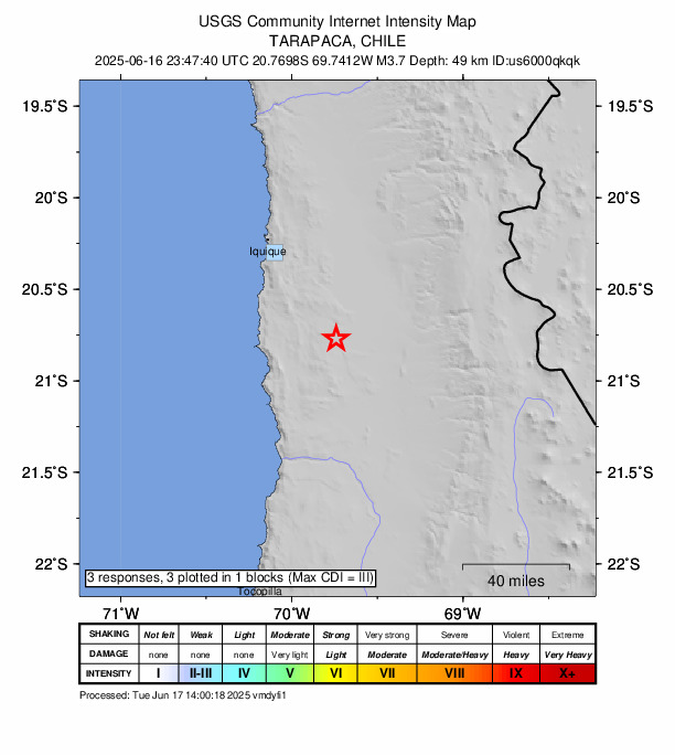USGS DYFI community-reported intensity map for the M3.7 earthquake near 48 km S of La Tirana, Chile