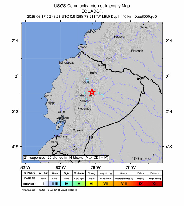 USGS DYFI community-reported intensity map for the M5.0 earthquake near 44 km ENE of San Miguel de Salcedo, Ecuador