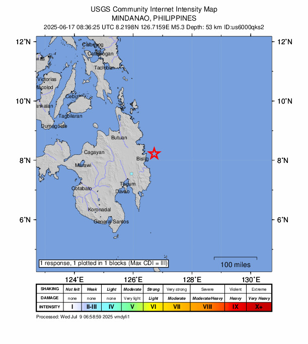 USGS DYFI community-reported intensity map for the M5.3 earthquake near 31 km ENE of Barcelona, Philippines