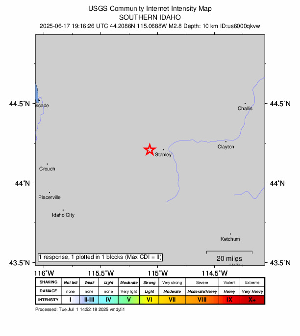 USGS DYFI community-reported intensity map for the M2.8 earthquake near 10 km W of Stanley, Idaho