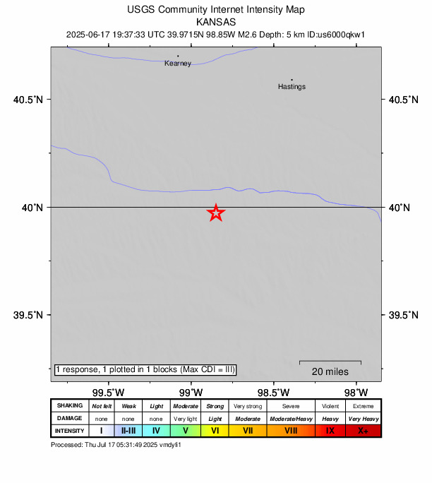 USGS DYFI community-reported intensity map for the M2.6 earthquake near 15 km SSW of Riverton, Nebraska