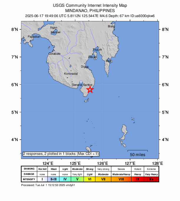 USGS DYFI community-reported intensity map for the M4.6 earthquake near 10 km NNE of Kalbay, Philippines