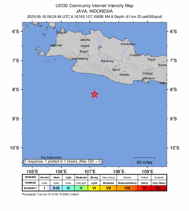 USGS DYFI community-reported intensity map for the M4.9 earthquake near 126 km SSW of Banjar, Indonesia