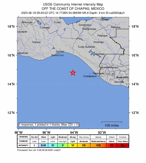 USGS DYFI community-reported intensity map for the M5.8 earthquake near 123 km SW of El Palmarcito, Mexico