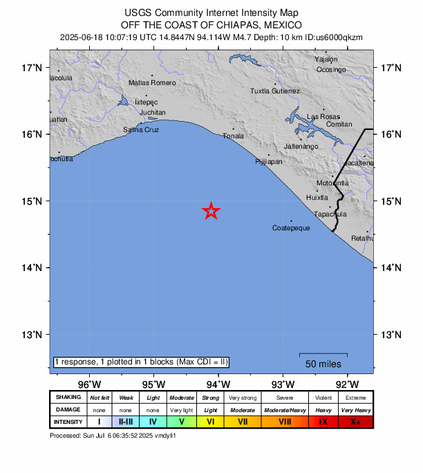 USGS DYFI community-reported intensity map for the M4.7 earthquake near 120 km SW of El Palmarcito, Mexico