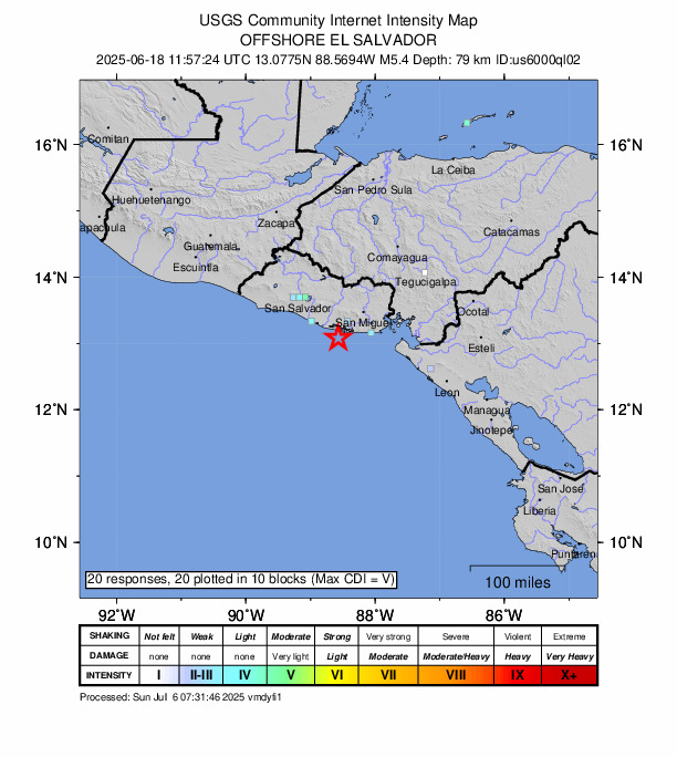 USGS DYFI community-reported intensity map for the M5.4 earthquake near 22 km S of Puerto El Triunfo, El Salvador