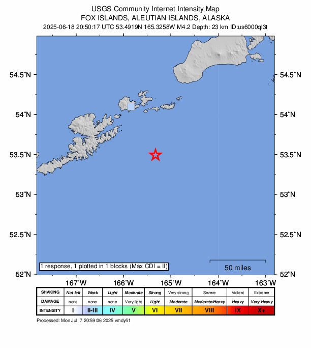 USGS DYFI community-reported intensity map for the M4.2 earthquake near 77 km SSE of Akutan, Alaska