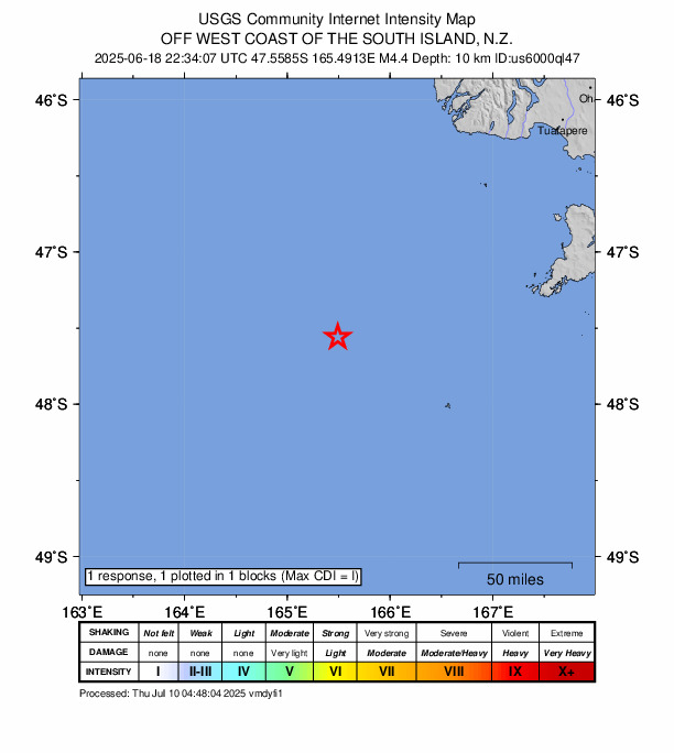 USGS DYFI community-reported intensity map for the M4.4 earthquake near 234 km SW of Riverton, New Zealand