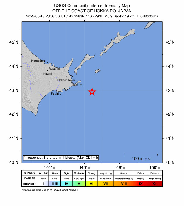 USGS DYFI community-reported intensity map for the M5.9 earthquake near 84 km ESE of Nemuro, Japan