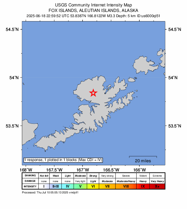USGS DYFI community-reported intensity map for the M3.3 earthquake near 18 km WSW of Dutch Harbor, Alaska